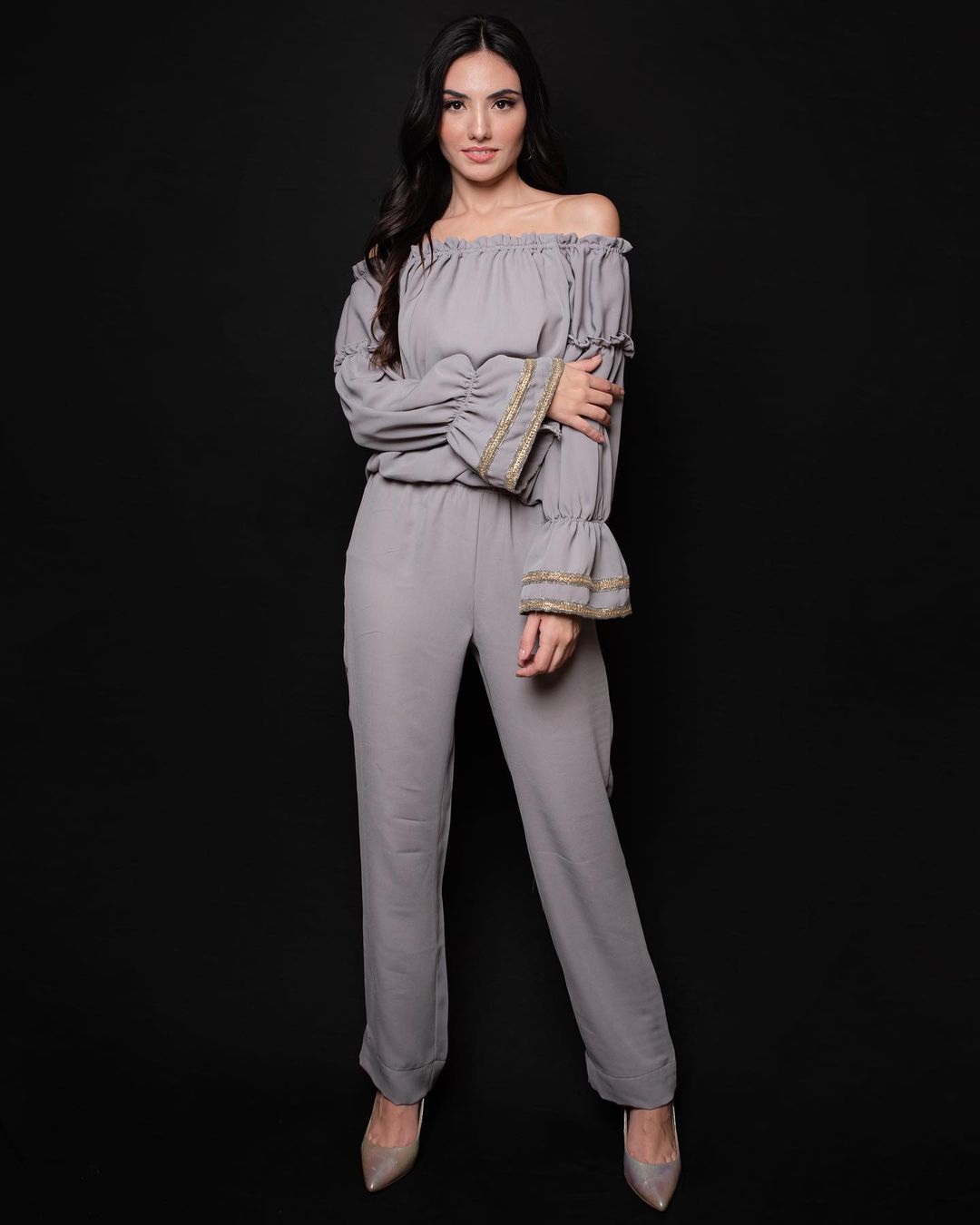 Midnight shine ruffled top and pants co-ord set
