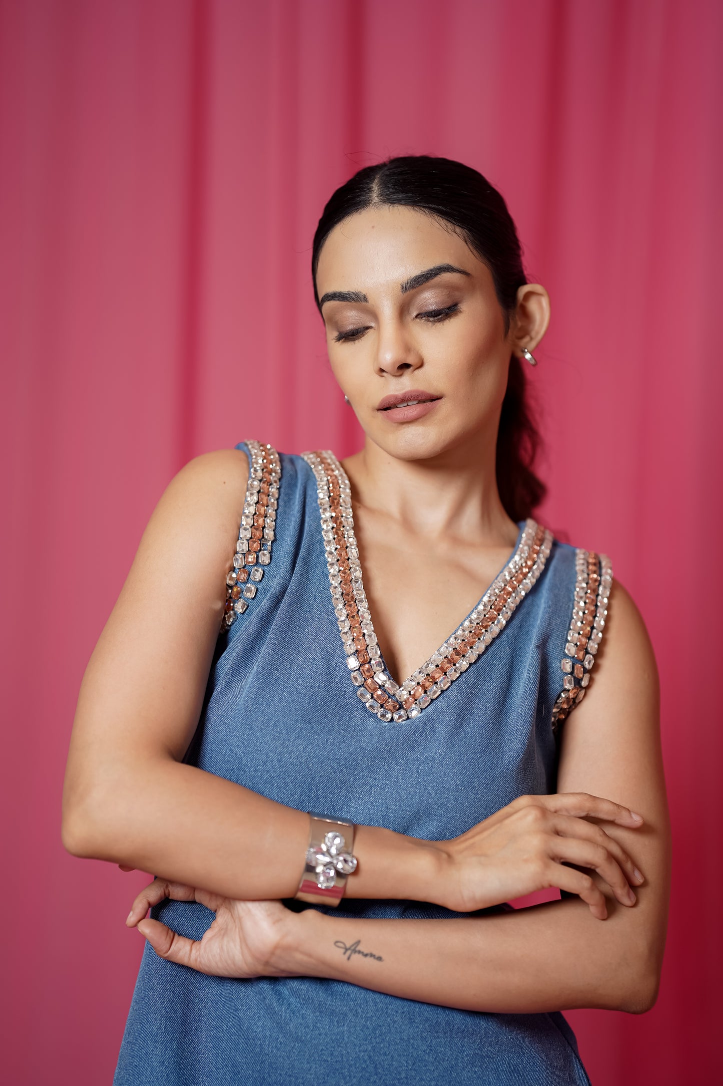 Riviera Jeweled Denim Dress In Azure
