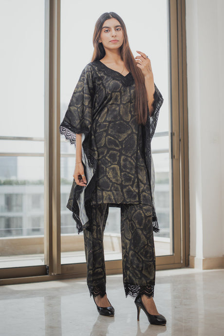 Printed Green and Black Kaftan Set