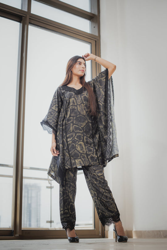 Printed Green and Black Kaftan Set
