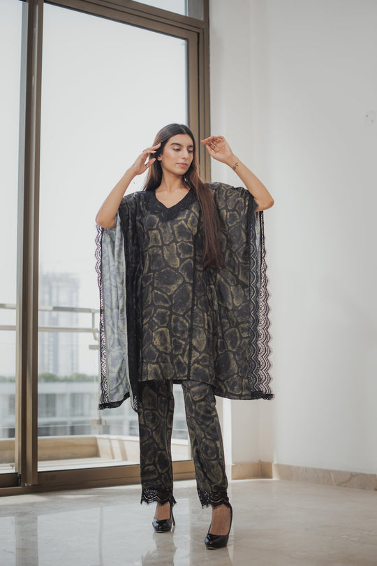 Printed Green and Black Kaftan Set